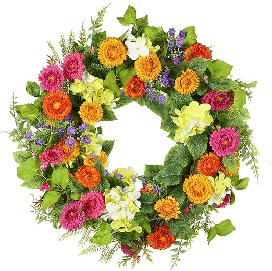 YNYLCHMX 18" Spring Summer Wreaths for Front Door, Artificial Floral Wreath with Daisy Flowers Green Tea Leaves, Green Foliage Wreath for Wall Window Farmhouse Party Holiday Home Decor