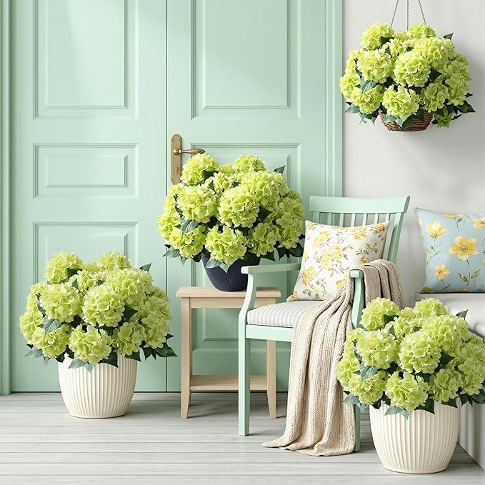 Ivydale Artificial Flowers for Outdoors, 4 PCS Green Fake Silk Hydrangea Flower Stems for Bouquets UV Resistant Realistic Faux Plants Home Outdoor Wedding Party Centerpieces Decor