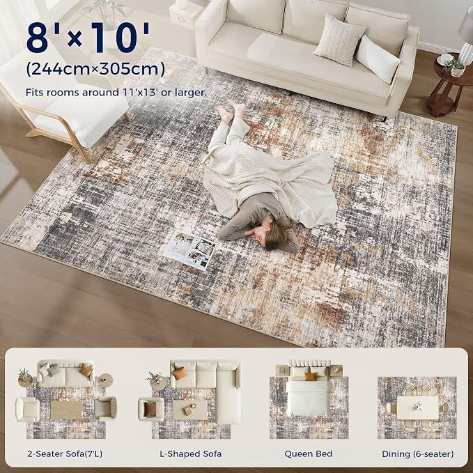 DMOYEST Area Rug Living Room Rugs - 8x10 Washable Large Soft Indoor Neutral Modern Abstract Low Pile Rug Carpet for Bedroom Dining Room Farmhouse Home Office - Grey Brown