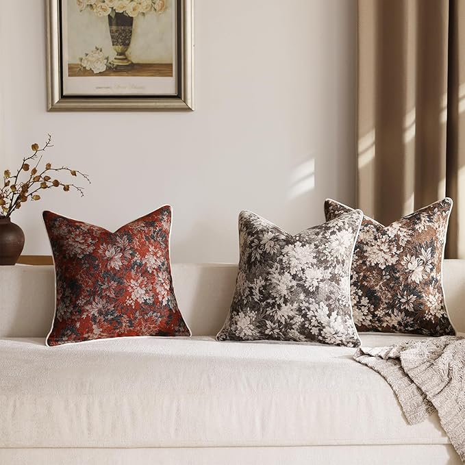 DEZENE Pack of 2 Vintage Floral Euro Sham Covers 26x26 Boho Farmhouse Accents Chenille Square Decorative Throw Pillow Cases for Living Room Couch Bed Home Decor, Rust