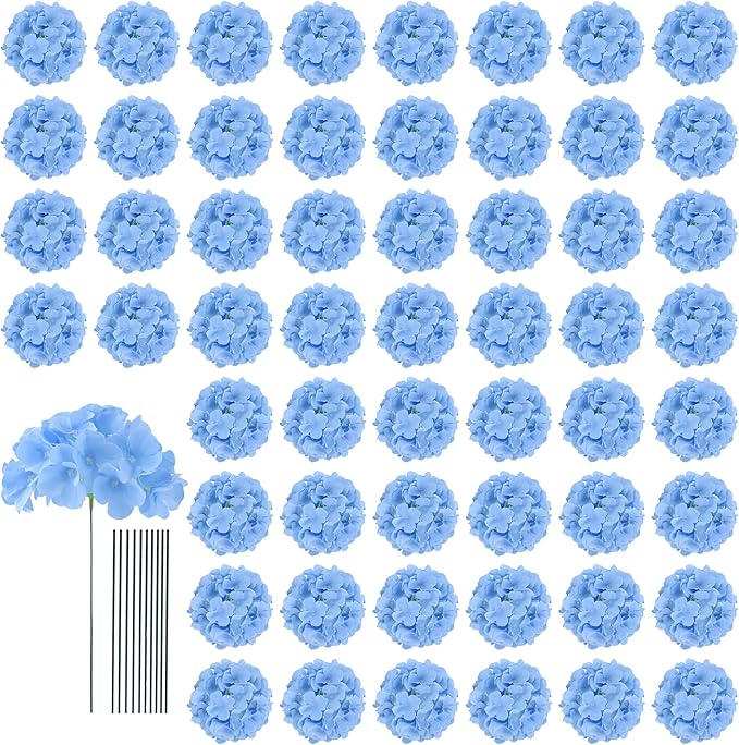 AVIVIHO 65pcs Blue Hydrangea Artificial Flowers Bulk (Not Squished, No Steaming Need) Silk Flowers with Stems Fake Flowers for Wedding Decor,Home,Baby Shower,Table Centerpieces Decoration