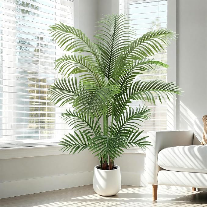 5ft Artificial Palm Tree Tall Faux Palm Tree Indoor Large Fake Plants with 15 Trunks Artificial Plants with White Pot Lifelike Leaves for Home Office Decor Living Rooms Bedrooms
