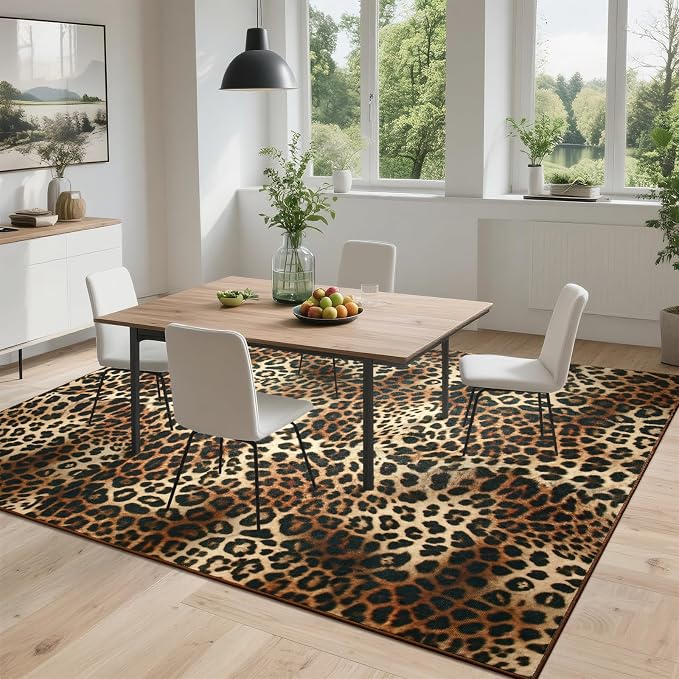 DweIke Leopard Rugs for Living Room, 4x6 Cheetah Print Rug for Bedroom Decor, Washable Non-Slip Stain Resistant Faux Animal Throw Carpet for Dining Room Office Western Home, Dark Brown