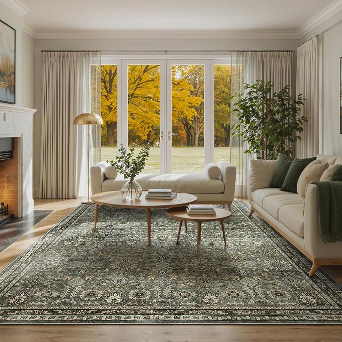 Lahome Olive Green Area Rugs 9x12 Living Room, Moody Floral Washable Rug | Boho Bedroom Carpet Soft Stain Resistant Non Shedding Thin Carpet for Dining Room