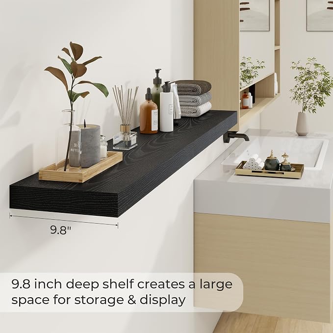 Dreamland 55Inch Black Floating Shelves 9.8" Deep Wall Mounted Set of 2 | Wall shelves for bathroom, bedroom, Living Room, kitchen, deep wall mount wood storage display for home decor 55" x 9.8"