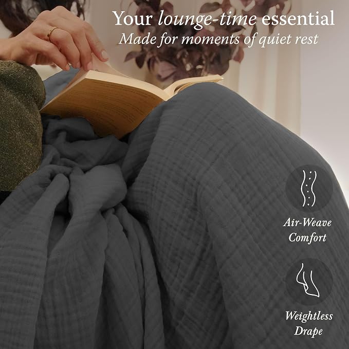 Threadmill Summer Muslin Twin Blanket | 4 Layer 100% Cotton Gauze Blanket | Pre Washed, Soft and Breathable Muslin Throw Blanket | Ideal for All Seasons | Lightweight Picnic Blanket| Dark Grey