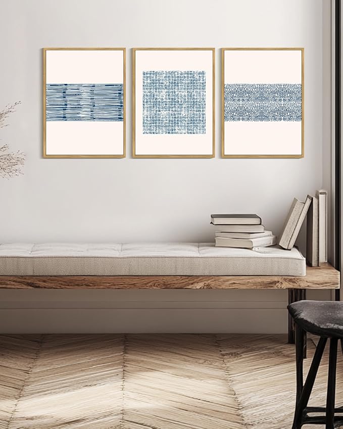 PHOPAGO Blue Abstract Framed Wall Art Modern Boho Neutral Line Wall Decor Bohemain Minimalist Geometric Artwork Home Decor - 12x16in Natural Framed