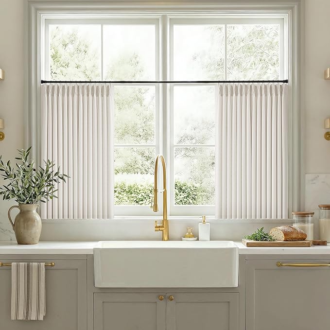 Natural Short Linen Curtains 36 Inch Length 2 Panel Set for Small Windows Bedroom Rustic Farmhouse Linen Light Filtering Pinch Pleated Drapes Back Tab Semi Sheer Kitchen Curtains 36 Inches Long
