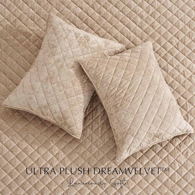 EVERGRACE Luxury Velvet Quilt Set Queen Size, Diamond Quilted Lightweight Velvet Comforter for All Season, Ultra Soft Oversized Bedspread Coverlet Bedding Set with 2 Pillow Shams, Beige Taupe | Luxe Velvet