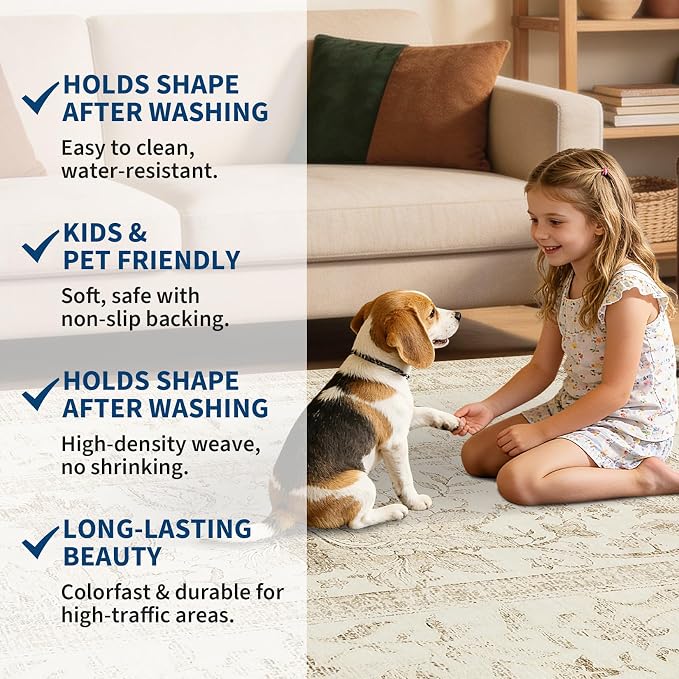 GarveeHome Vintage Beige Area Rug 8x10 for Living Room Washable Cottage Core Retro Farmhouse Low-Pile Stain Resistant Large Carpet for Bedroom Dining Room Home Office TPE Backing Indoor Decor