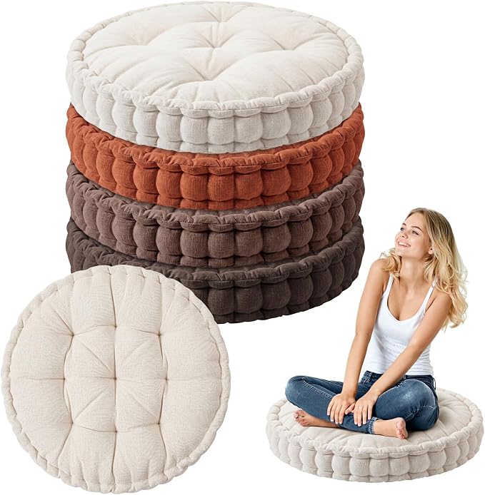Jerify 4 Pcs Floor Pillow Cushions Large Round Square Large Meditation Floor Pillow for Classroom Adult Meditation Picnic Party Seating Learning Daycare School (Round,Brown Tones)