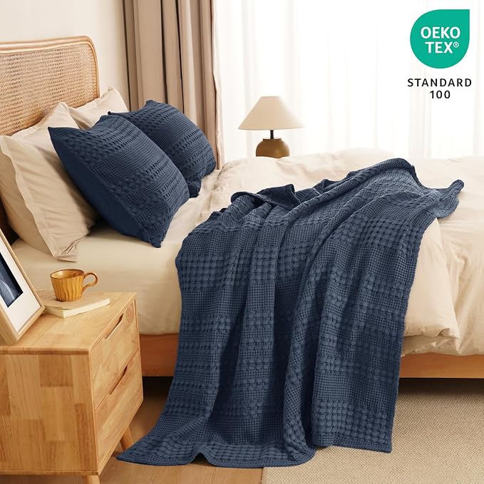 PHF 100% Cotton Waffle Throw Blanket for Couch, Lightweight Breathable and Soft for Summer, Luxury Aesthetic Waffle Weave Blanket for Home Decor & Office, Gifts for Women, 50"x60", Indigo