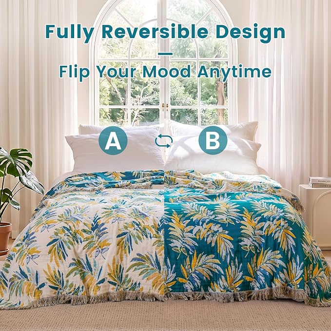 MSGKV Boho Throw Blanket for Bed Cotton 60"x80" Leaves Blanket Twin Size Couch All Seasons Muslin Summer Breathable Lightweight Farmhouse Blankets