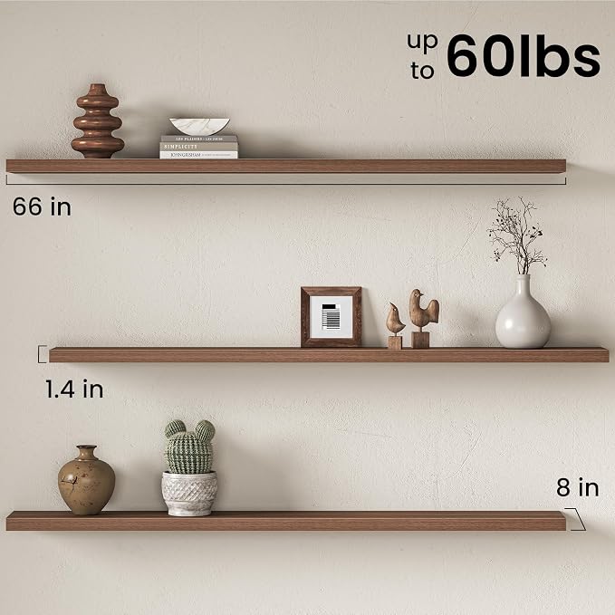 Floating Shelves for Wall, 66 Inch Floating Shelves Set of 2, Wall Mounted Rustic Wood Shelf for Bathroom, Living Room, Bedroom and Kitchen, Hanging Shelf for Storage, Books, Home Decor, Walnut