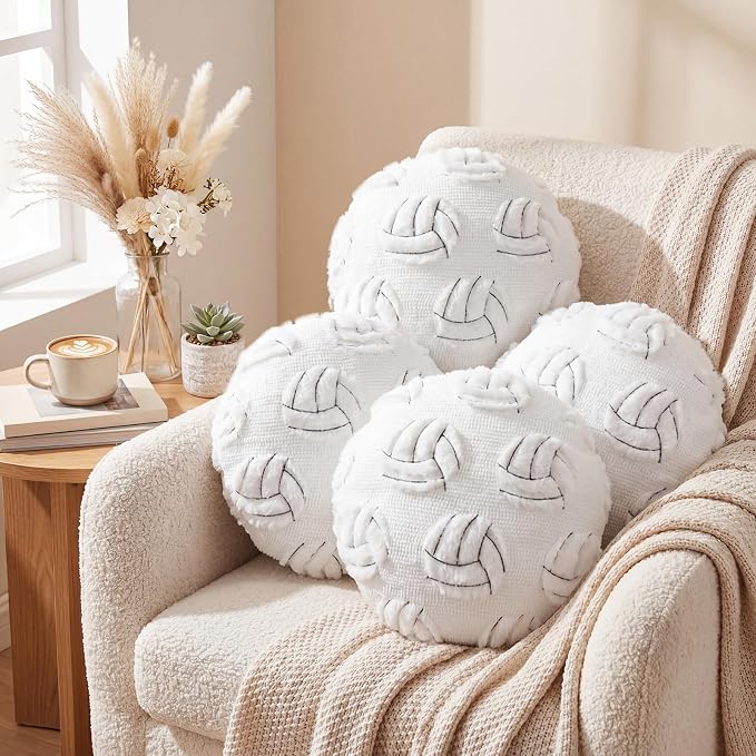 Gerrii 4 Pcs Volleyball Softball Football Soccer Basketball Tennis Pillow Sports Throw Pillow Fluffy Stuffed Plush Sport Theme Cushion Gift for Senior Night Home Bedroom Decor Birthday Present