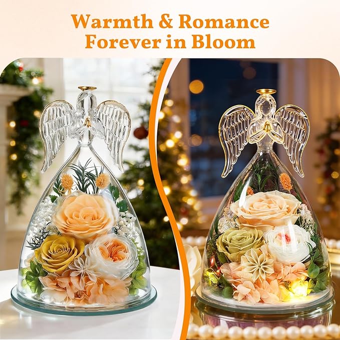 TranquilBliss Gifts for Mom, Flowers for Mother’s Day, Preserved Rose in Glass Dome with Light, Angel Figurines for Her Birthday, Valentine’s Day for Wife, Grandma, Women - Champagn