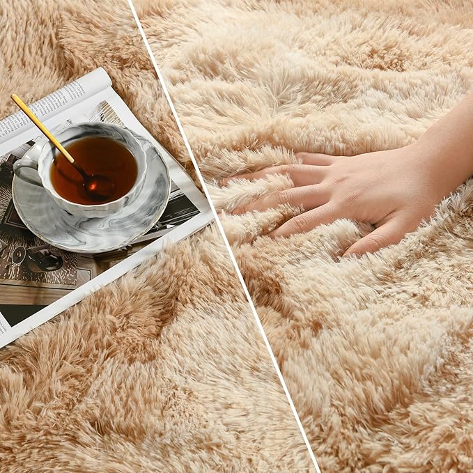 Deerhoo Large Shag Area Rugs 6 x 9, Tie-Dyed Plush Fuzzy Rugs for Living Room, Ultra Soft Fluffy Furry Rug for Bedroom, Indoor Carpet Nursery Rugs for Kids Room Home Decor, Beige