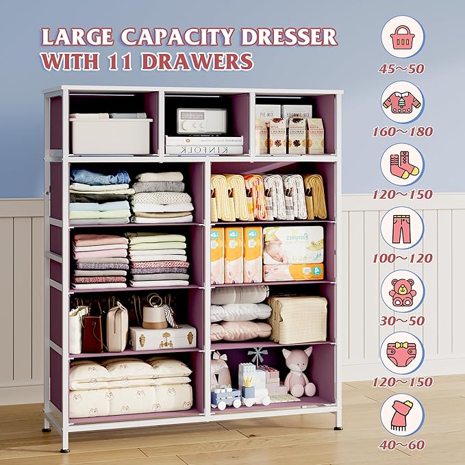 WLIVE Storage Organizer Unit with 11 Fabric Bins, Storage Drawers Organizer with Steel Frame, Tall Storage Tower Organizaton for Living Room, Hallway, Office,A-Pink