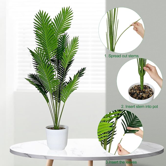 SAJANDAS Set of 2 Artificial Areca Palm Plants in Pots, 50 Inch Fake Tropical Palm Trees with Greenery Leaves and Stems, Faux Dypsis Lutescens Floor Plants for Garden, Store, Office, Home Decoration