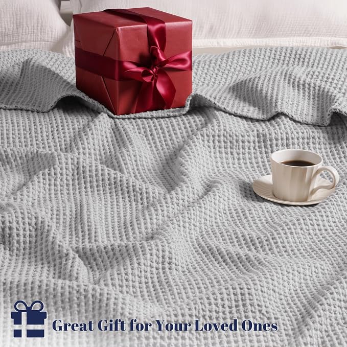 PHF Pre-Washed 100% Cotton Waffle Weave Blanket Twin Size for Bed,Snag Proof Throw Blanket for Couch Spring Summer Lightweight Breathable,Machine Washable, Home Decor Gift - Light Grey