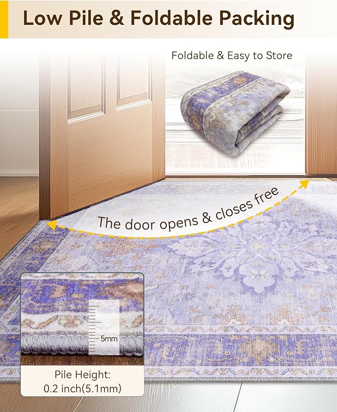 RELEANY Area Rugs 2'x10' Runner Rug Non Slip Washable for Kitchen Hallway Bedroom Beside Laundry Room Bathroom Rug, Floor Carpet, Light Purple Brown