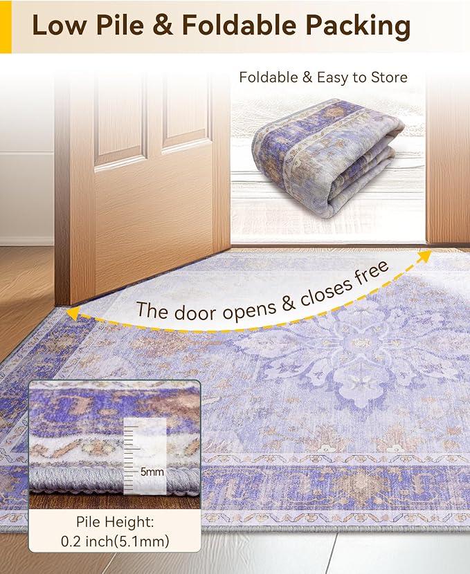 RELEANY Area Rugs Large 9'x12' Washable Non-Slip, Floral Vintage Distress Medallion Carpet for Living Room Bedroom Dining Room, Light Purple Brown