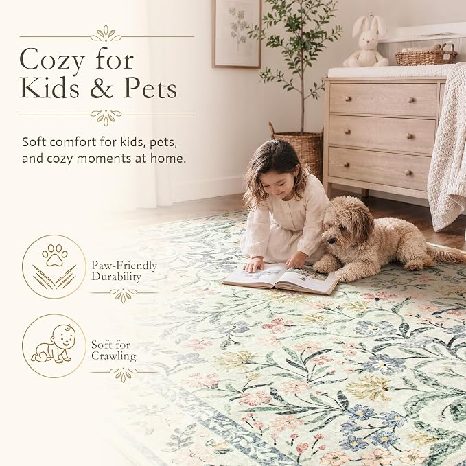 Wonnitar Large Living Room Rug, Floral 10 x 14 Machine Washable Area Rugs, Soft Boho Ultra-Thin Non-Shedding Indoor Aesthetic Carpet for Bedroom Dining Room Office