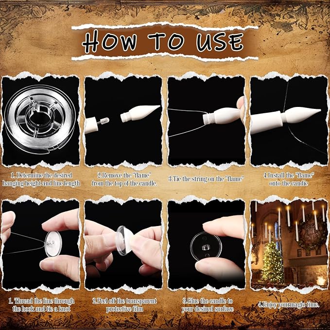 fclayvts 24PCS Floating Candles with Wand Remote,Magic Hanging Taper Candle with String,Flickering Battery Operated Taper Candle with Wand Remote for Halloween Decorations Best Gift（White）
