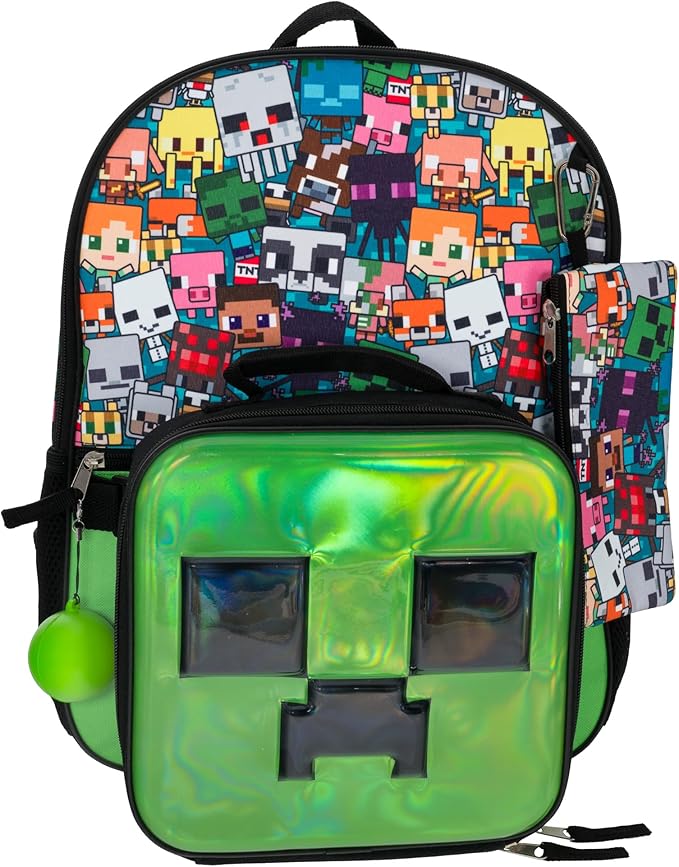 AI ACCESSORY INNOVATIONS Minecraft 5 PC Backpack Set, Creeper 3D Molded Front Panel, 16" Boys & Girls School Bag