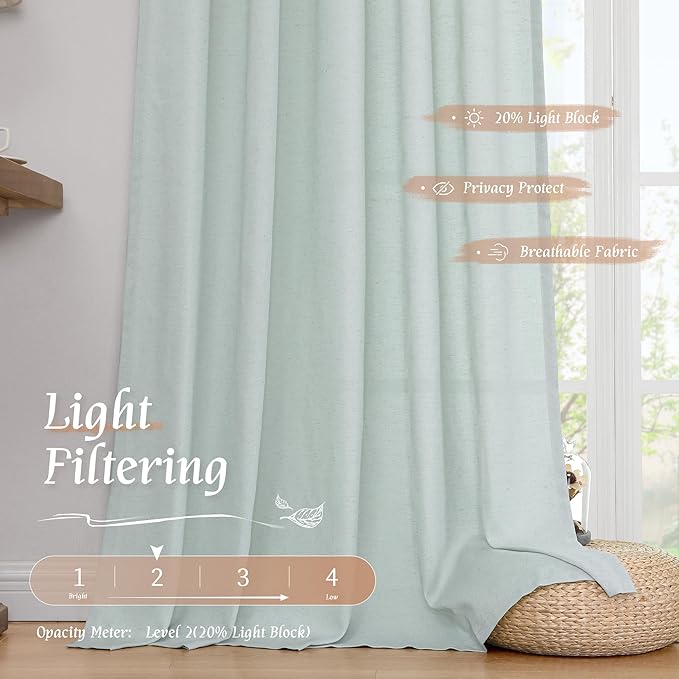 LAMIT Linen Sheer Curtains 84 inch for Living Room, Linen Textured Light Filtering Drapes Rod Pocket Boho Privacy Panels for Farmhouse/Bedroom, 2 Panels, 52 x 84 Inch, Light Blue
