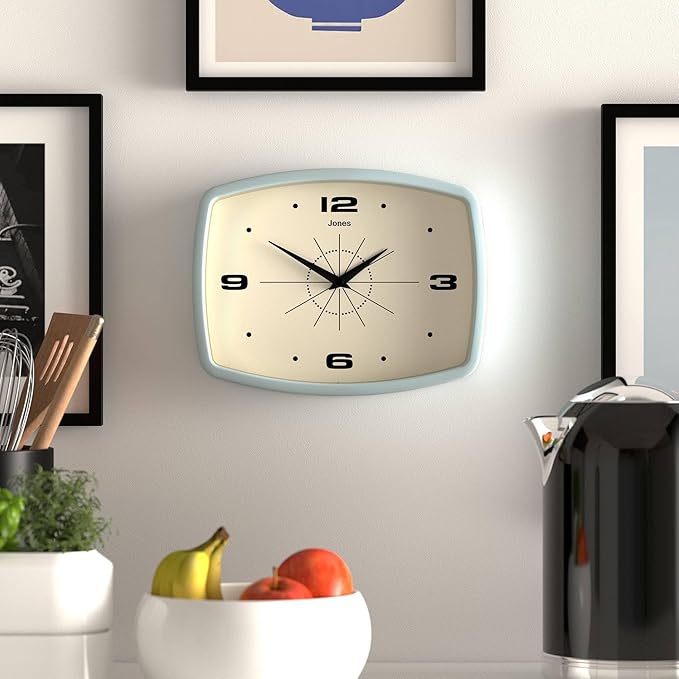 JONES CLOCKS® Movie wall Clock | Retro Rectangular Clock | 10 inch | Pale Blue | Cool mid-Century Designer Look for Kitchen, Living Room or Office