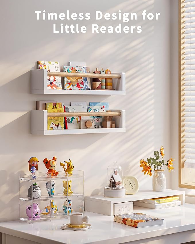 Seocry Nursery Book Shelves, 4 Pack, Wall Book Shelves for Kids Room, Baby, Toddler, Nursery Decor (White Wood, 16.5 Inches)
