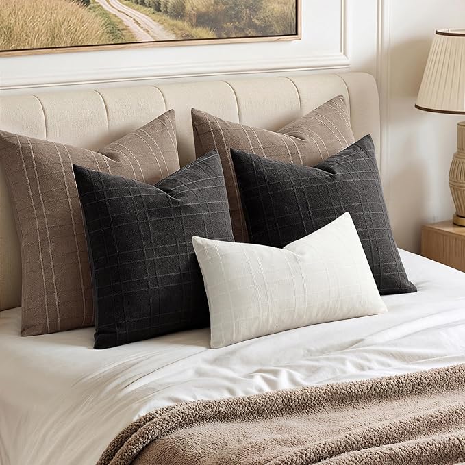 MIULEE Decorative Linen Check Euro Shams Throw Pillow Covers Neutral Farmhouse Vintage Pillow Covers 24x24 Set of 2 Boho Modern Winter Home Decor for Sofa Couch Bedroom Cushion Taupe