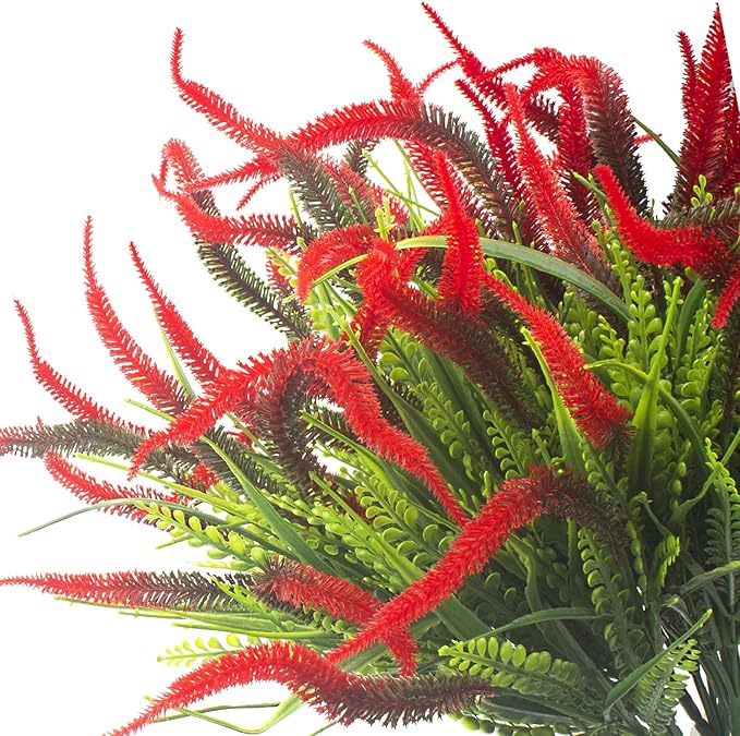 Grunyia 10 Bundles Artificial Plants Outdoor Fake Grass with Flowers UV Resistant Greenery Garden Porch Window Box Decorating (Red)