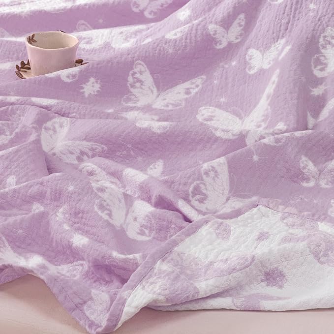 MEJU Dream Butterfly Violet Gentle Girls Muslin All Season Blanket for Bed Sofa Couch, 100% Combed Cotton 3 Layer Soft Throw Blanket Bed Cover Quilt Purple Butterfly Twin 60 in x 80 in