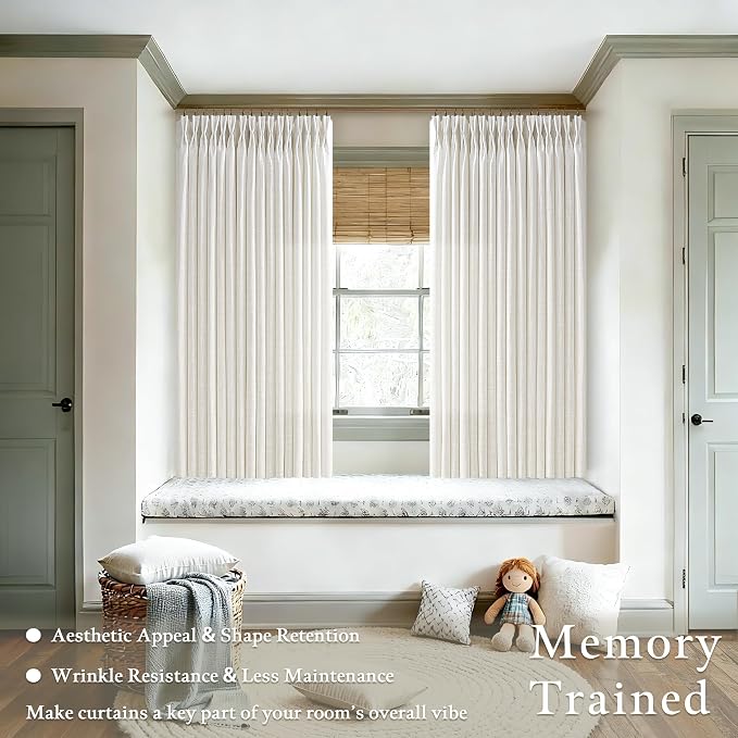 Natural Pinch Pleated Linen Curtains 45 Inch Length 2 Panels Set for Bedroom Dining Room Kitchen Semi Sheer Linen Boho Farmhouse Neutral Small Window Curtains 45 Inches Long Cream Ivory Birch 50x45