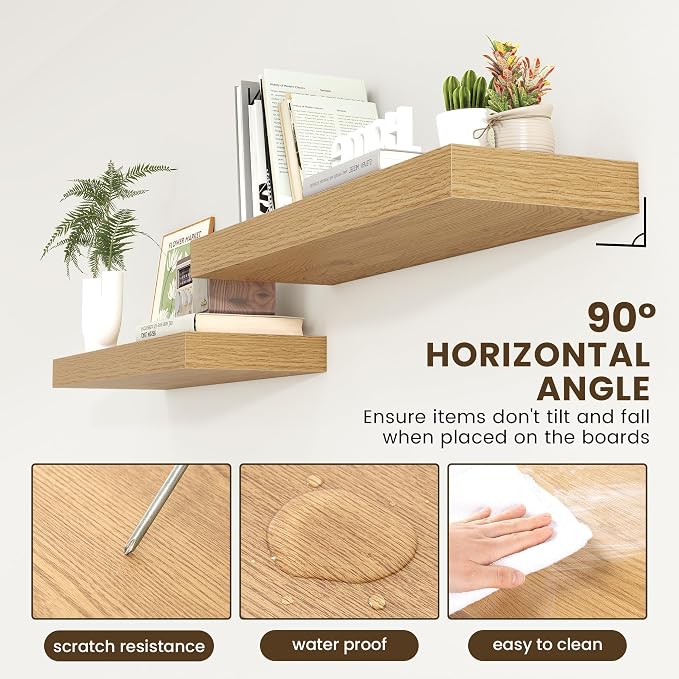 FLYJOE 12 Inch Deep Floating Shelves | 36 Inch Oak Floating Shelves | 36" W x 12" D Rustic Wood Shelves for Wall | Deep Oak Shelves for Living Room Bathroom Laundry Room Kitchen