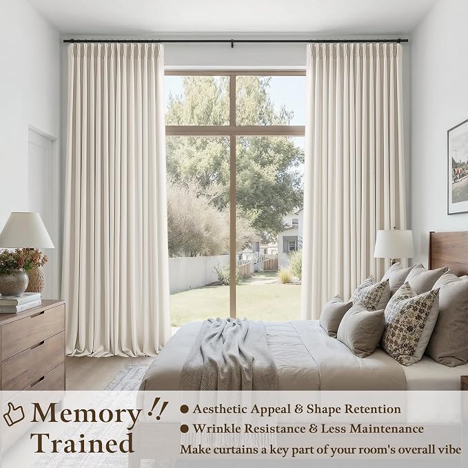 Natural Pinch Pleated Semi Sheer Curtains 120 Inches Long 2 Panels Set for Living Room Bedroom, Memory Shape Pinch Pleat Thick Flax Linen Textured Light Filtering Privacy Extra Long Window Curtains
