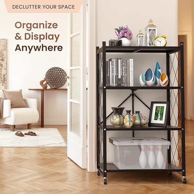 Our Modern Space 4-Tier Foldable Storage Shelf with Wheels | Metal Rack Collapsible Shelving Display | Rolling Cart for Books Kitchen Storage Shelves | Pantry & Closet Organizer | Office Room Decor