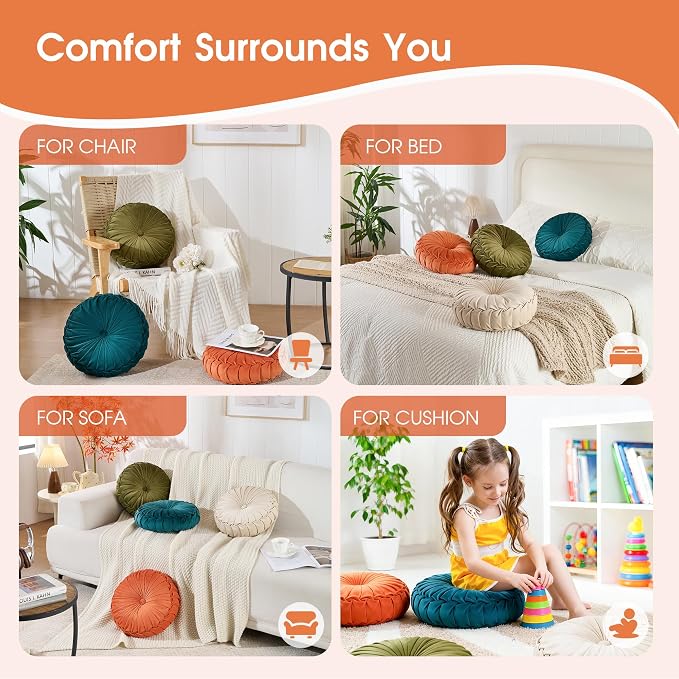 ROSE&RISY Round Pleated Velvet Throw Pillow, 1 Pack Decorative Accent Pumpkin Pillow Cushion for Couch Sofa Bed, Soft Plush Retro Vanity Throw Pillow for Home Decor, 14.5 Inch, Orange