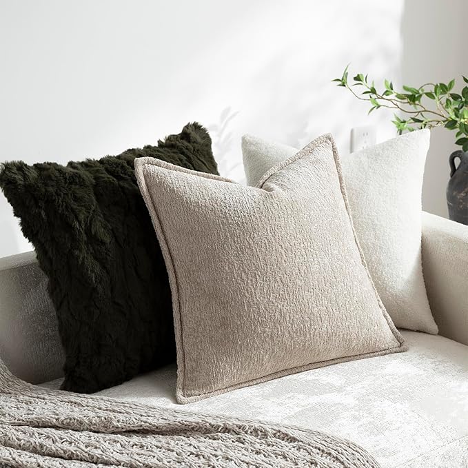 DEZENE Pack of 2 Tan Euro Shams Pillow Covers 26x26 Cozy Soft Chenille Decorative Throw Pillow Covers Accent Vintage Square Couch Pillow Covers for Home Decor Bed Sofa Living Room