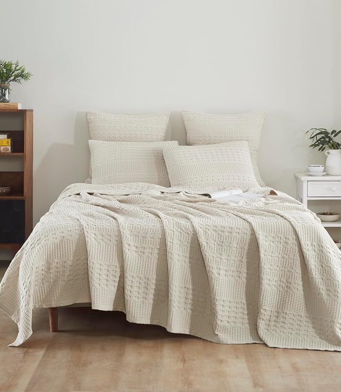 VHC Brands 100% Cotton Waffle Weave King Blanket 108"x90", Decorative Lightweight Spring and Summer Throw Blanket, Bedroom Decor for Bed, Couch, or Sofa, Natural