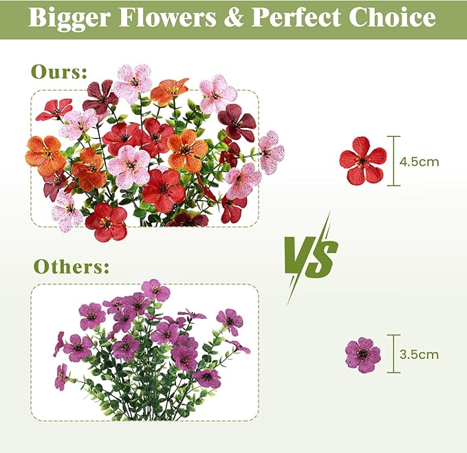 Alupssuc 20 Bundles Artificial Flowers for Outdoor Indoor Decoration, UV Resistant No Fade Fake Plants Eucalyptus, Colorful Faux Spring Flowers for Outside Yard Porch Patio Garden Home Window Box