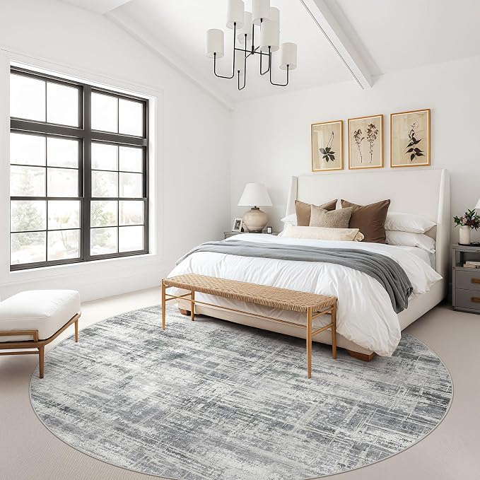 UERMEI 8ft Round Area Rug for Living Room: 8x8 Washable Neutral Abstract Modern Soft Circle Rugs Non Slip Indoor Floor Stain Resistant Carpet for Bedroom Dining Room Office Nursery Gray