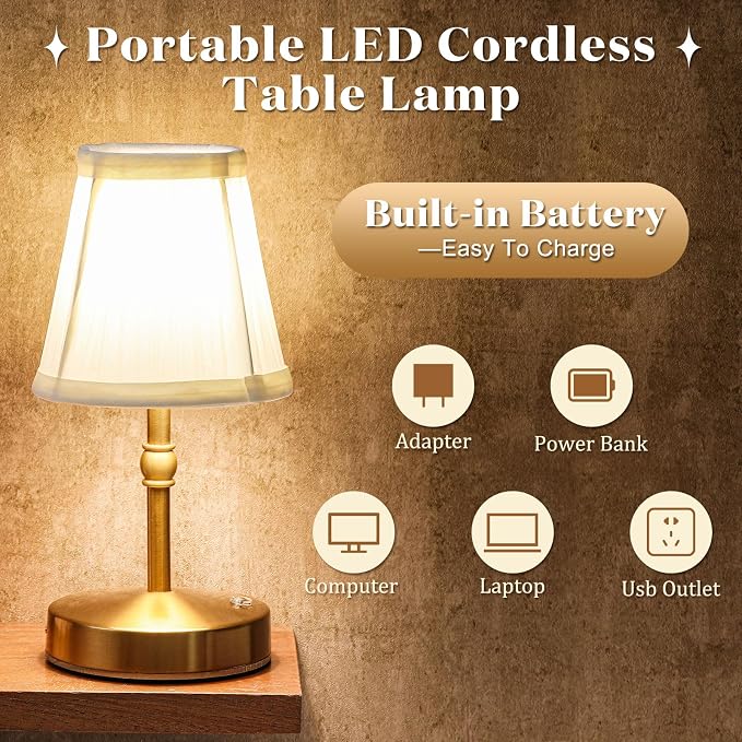 Liliful 2 Pcs Cordless Table Lamp Rechargeable Touch LED Small Gold Portable Battery Operated USB-c Desk Lamp 3 Color Dimmable for Bedroom Living Room Dining (Gold,Weaving Style)
