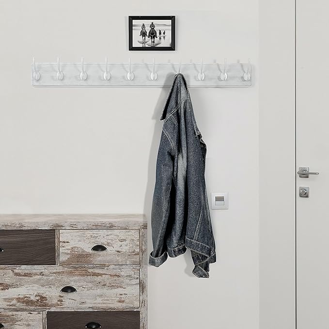 WEBI Coat Rack Wall Mount,10 Hooks,38 9/16" Long Coat Hooks Wall Mounted Large,16" Hole to Hole,Wood Coat Hanger Wall,Hooks for Hanging Coats,Jacket,Clothes,Hats,White,2 Packs