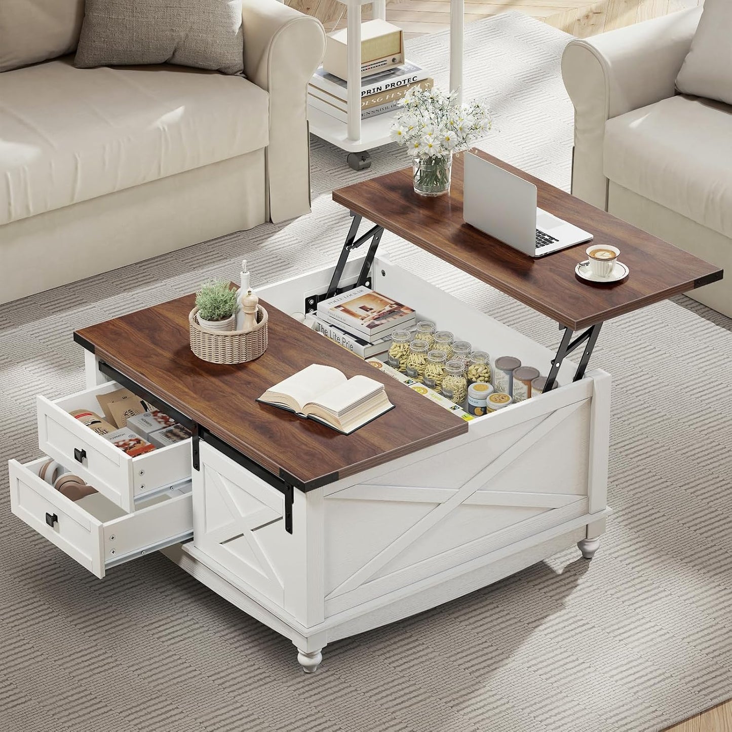 31.5" Lift Top Coffee Table with Storage, Farmhouse Coffee Tables for Living Room, Square Coffee Table with Large Hidden Storage Compartment, 2 Drawers & Removable Shelves, White