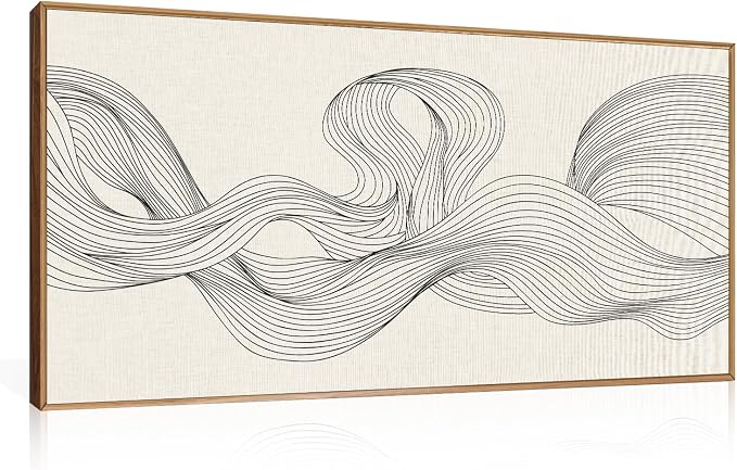 HPNIUB Large Neutral Abstract Framed Canvas Wall Art,Textured Beige Minimalist Wall Decor,Black Line Wave Art Prints,Boho Modern Geometric Artwork for Living Room, Bedroom, Office -20"x40"