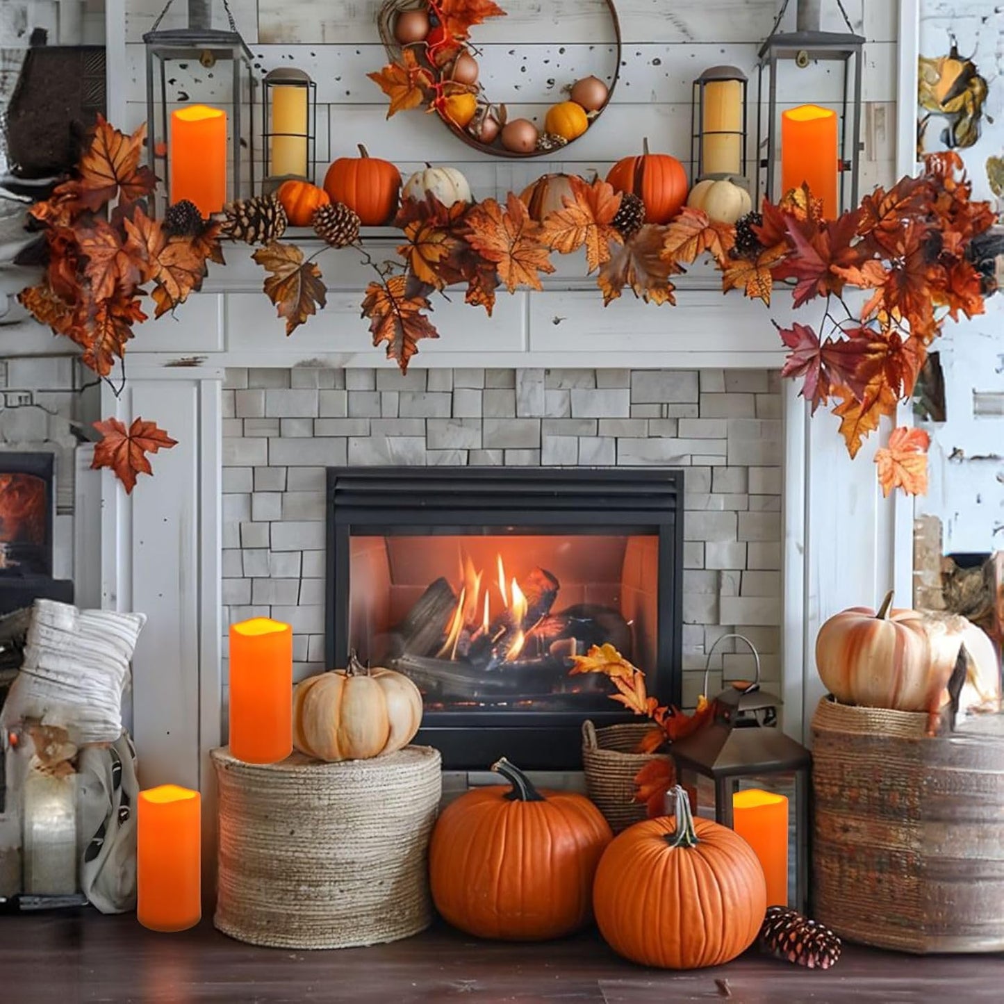 NURADA 8" x 4" Large Outdoor Flameless Candles - Waterproof LED Pillar Flickering Candle Battery Operated with Timer Remote for Patio Porch Lanterns Halloween Thanksgiving Fall Decor - 2 Pack Orange