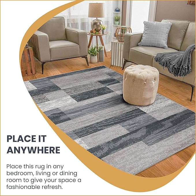 Superior Indoor Area Rug, Jute Backed, Modern Geometric Patchwork Floor Decor for Bedroom, Office, Living Room, Entryway, Hardwood Floors, Rockwood Collection, 3' x 5', Blue-Taupe